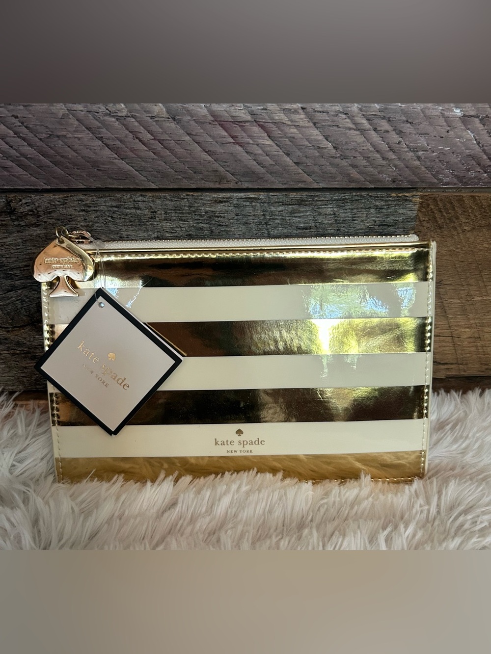 NWT-kate spade White and Gold Striped Cosmetic Pouch